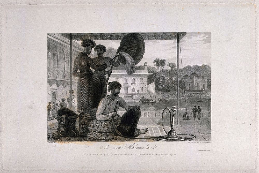 A wealthy Mohammedan smoking a hooka as two attendants fan him. Engraving by J. Stephenson, 1835, after W. Daniell.