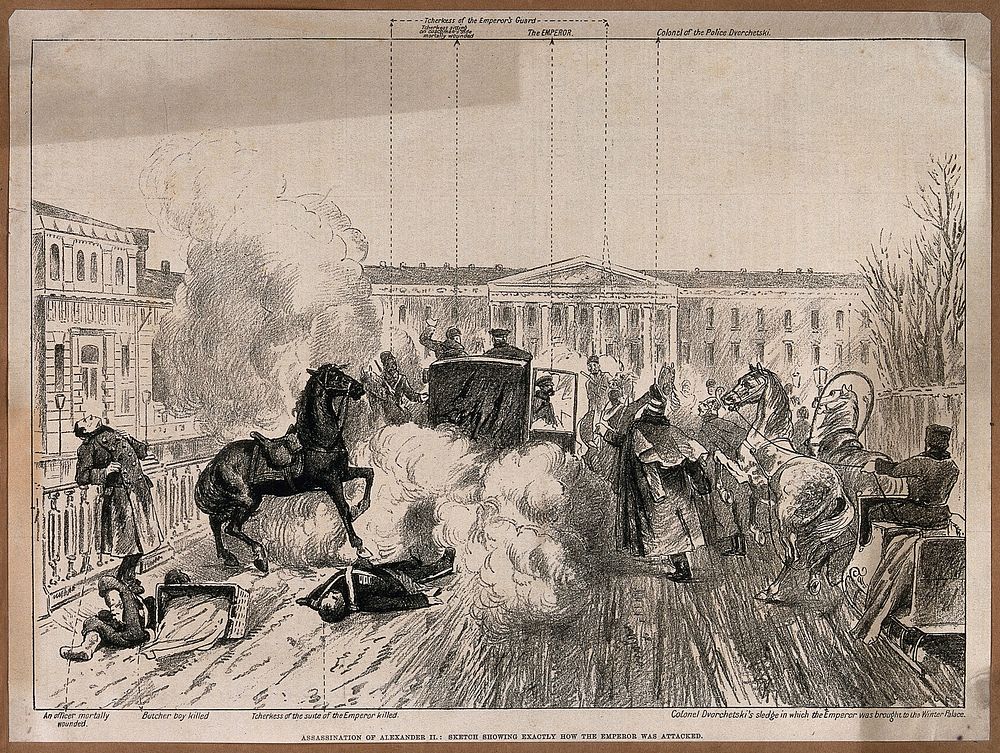 The assassination of Alexander II: the place outside the Winter Palace is strewn with corpses and debris of the bomb…