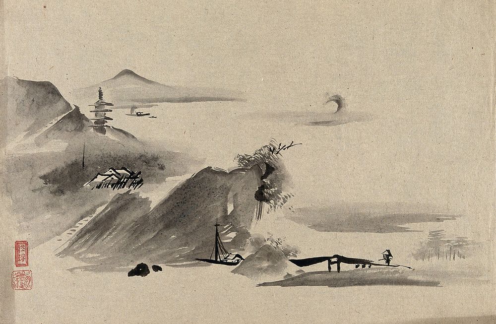 A misty mountain view. Watercolour painting on paper by a Chinese artist.