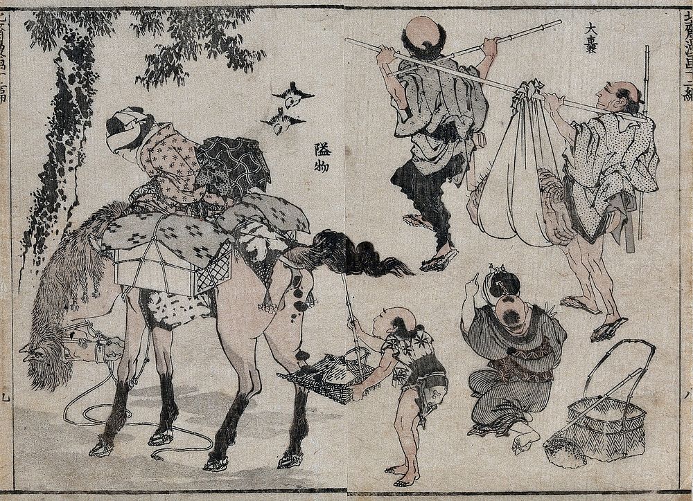 Left, a small man (a dwarf) lifts a horse's tail with a bamboo rod to catch its faeces in a scoop; above right, a man with…