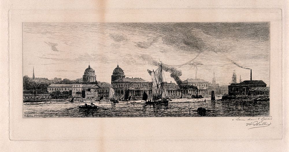 Royal Naval Hospital, Greenwich, with ships and rowing boats in the foreground. Etching by A. Ballin.