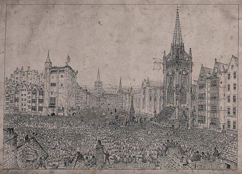 A vast crowd of people throngs the streets of a city. Etching by J. Nasmyth.