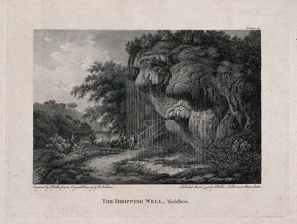 The Dropping Well, Knaresborough, Yorkshire: with the ruins of Knaresborough Castle, and three visitors admiring the well.…