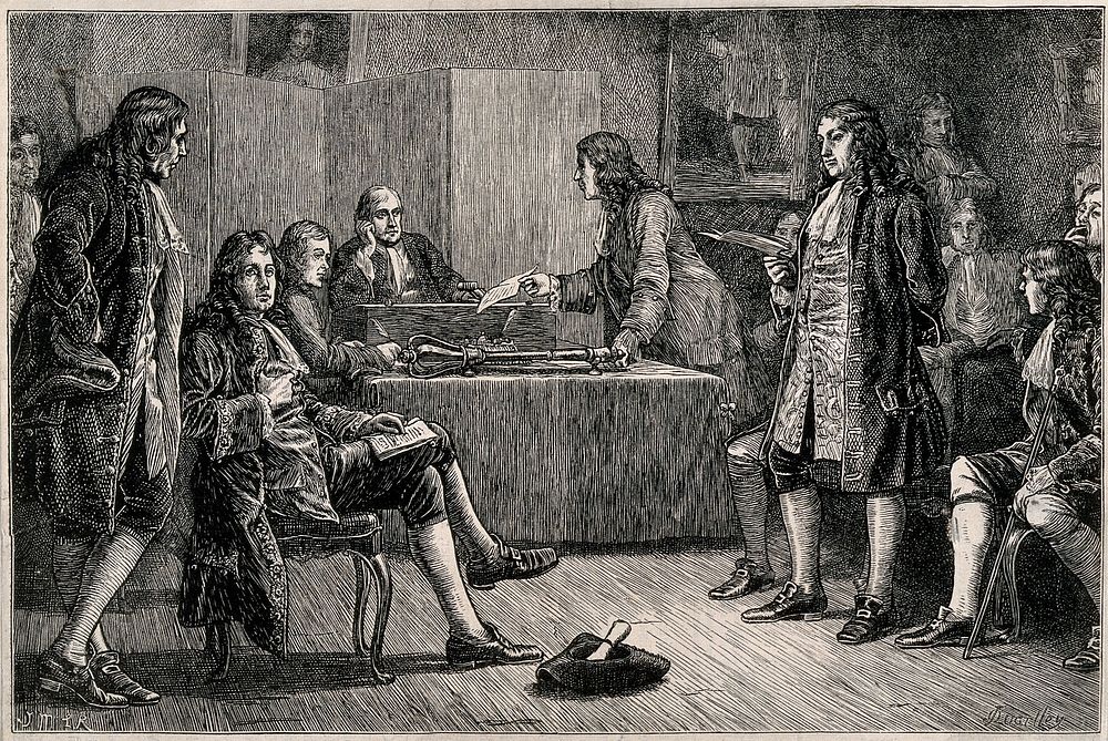 Royal Society, Crane Court, off Fleet Street, London: a meeting in progress, with Isaac Newton in the chair. Wood engraving…