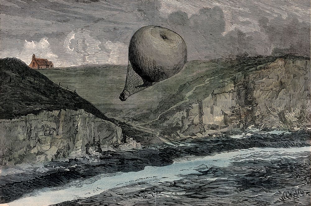The balloon 'Saladin' is blown off course out to sea from Bridport. Coloured wood engraving by W. Wyllie after Captain…