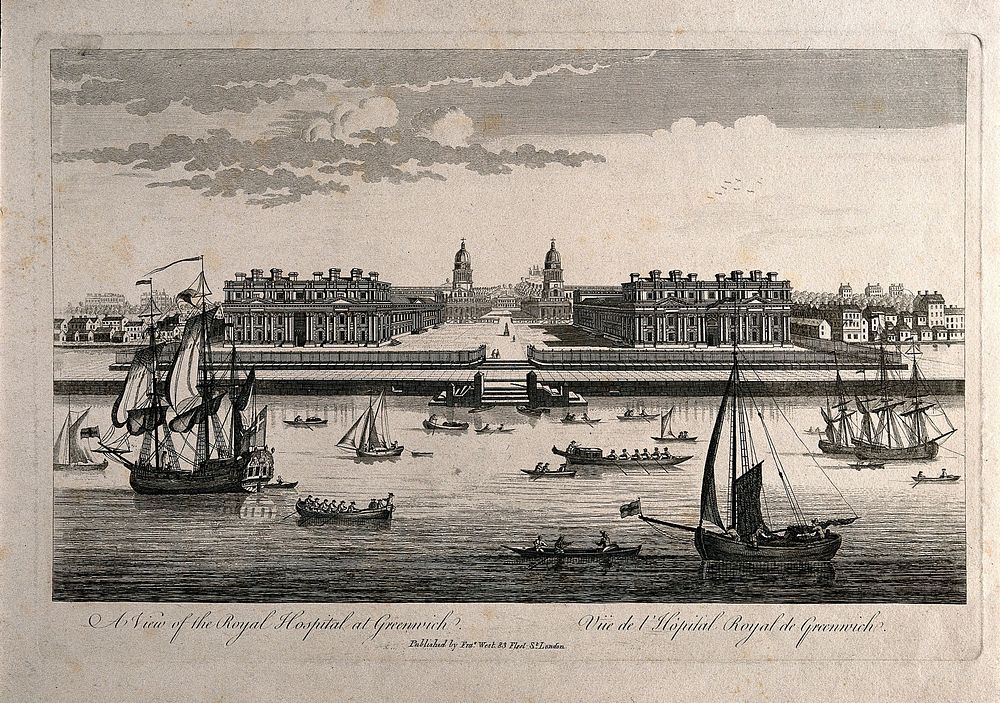 Royal Naval Hospital, Greenwich, from the Isle of Dogs, with ships and rowing boats in the foreground. Engraving, 1753.