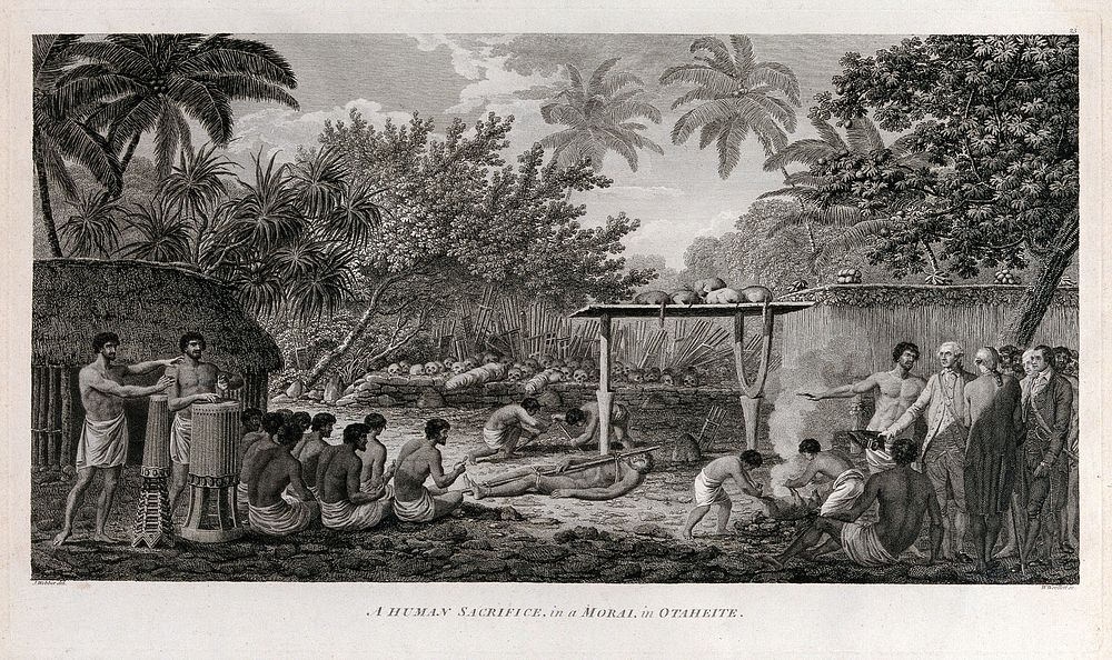 A human sacrifice witnessed by Captain Cook on the island of Tahiti. Engraving by W. Woollett, 1784, after J. Webber.