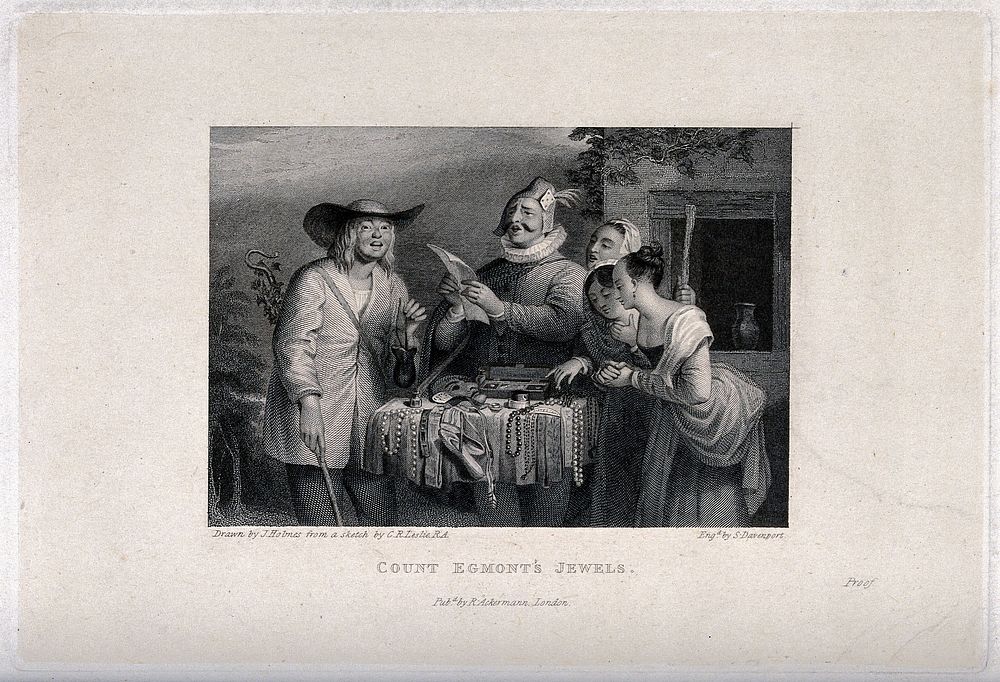 A pedlar of jewelry reads from a sheet, ladies inspect his wares, and a shepherd looks delighted. Engraving by S. Davenport…
