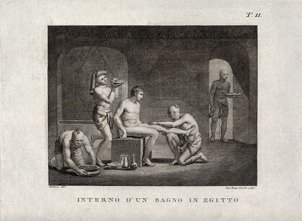 The interior of an Egyptian bath-house; a seated man is being washed and attended to by four male servants. Engraving by…