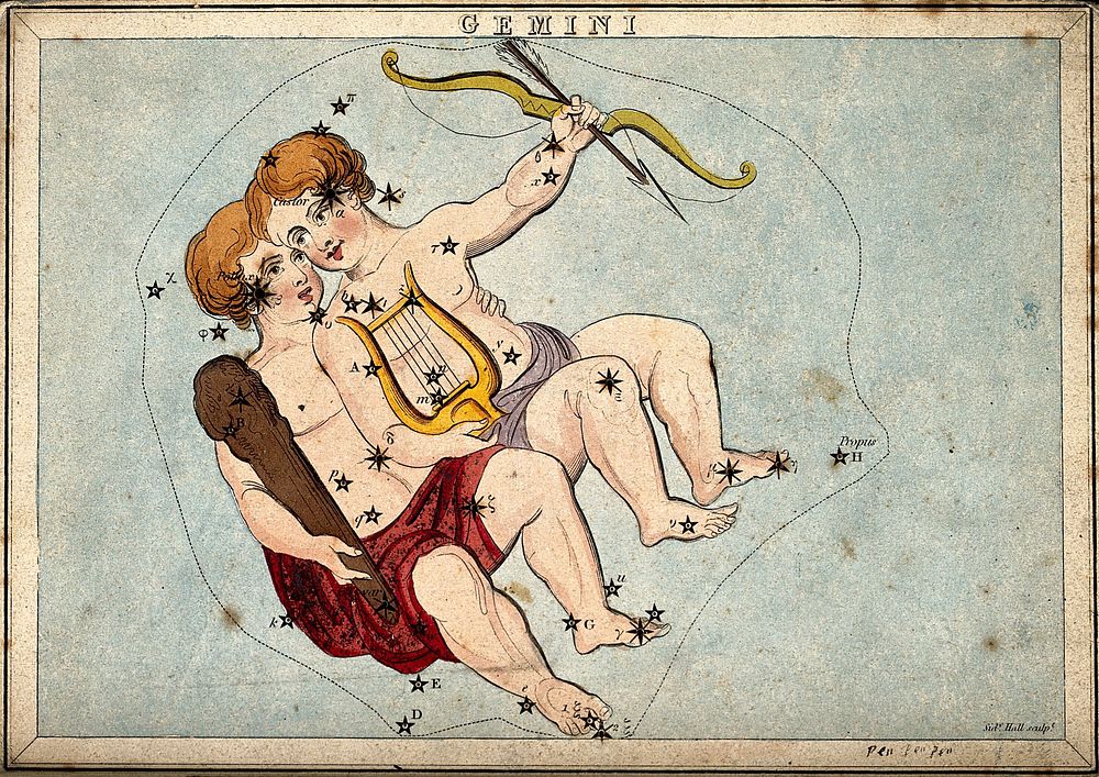 Astrology: signs of the zodiac, Gemini. Coloured engraving by S. Hall.