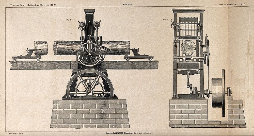 A nine-bladed reciprocating mechanical saw, lateral and end elevations. Engraving by Hare.