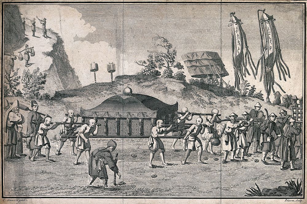 A funeral procession in China: the cadaver is carried in a palanquin. Engraving by J.B.M. Poisson after P.  Sonnerat.