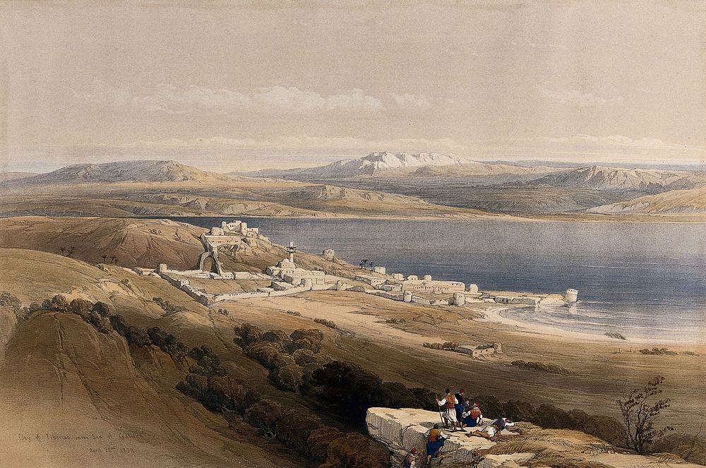 Tiberias, with lake Galilee, Israel. Coloured lithograph by Louis Haghe after David Roberts, 1842.
