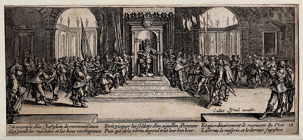 A grateful military leader presenting virtuous soldiers with awards and punishing corrupt soldiers in a ceremony. Etching…