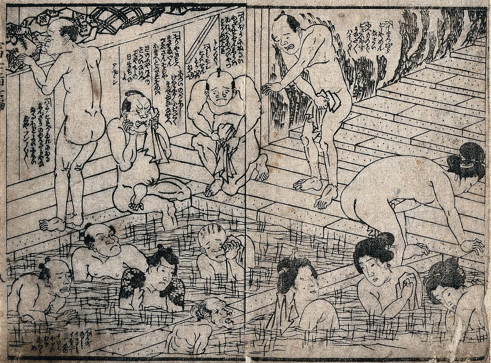 Men and women in a communal bath house. Woodcut by Yoshitora, 1860.