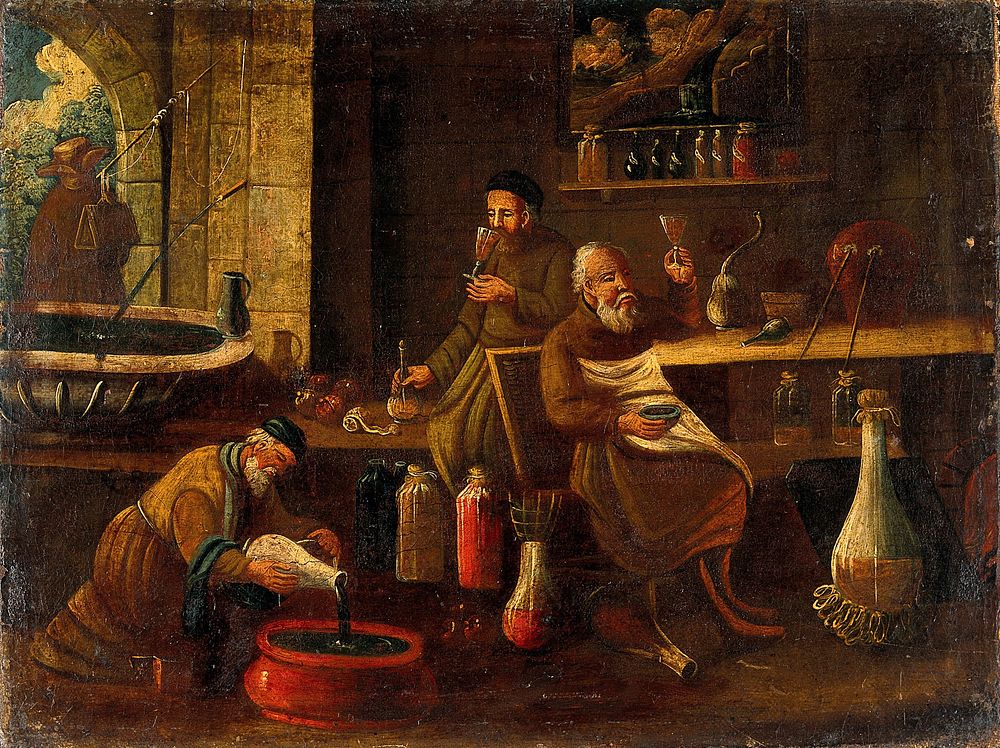 Men (monks) making and sampling wines, spirits, or other beverages or medicines. Oil painting.