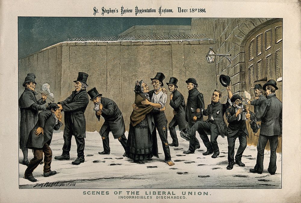 W.E. Gladstone and other Liberal politicians as prisoners being released from prison; relatives and friends waiting for them…