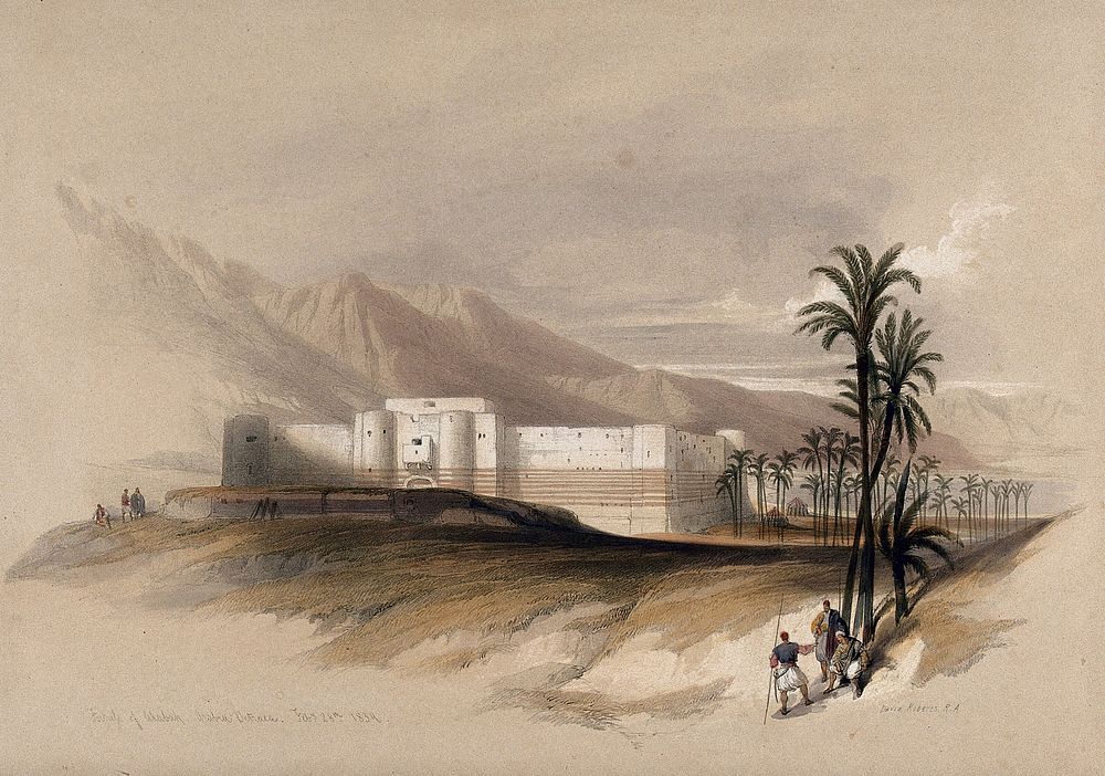 Fortress at the Gulf of Akabah, on the Red Sea. Coloured lithograph by Louis Haghe after David Roberts, 1849.