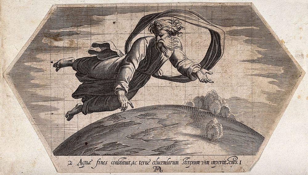 God hangs over the world, gathering the waters and creating fertile earth. Line engraving by F. Villamena after Raphael.