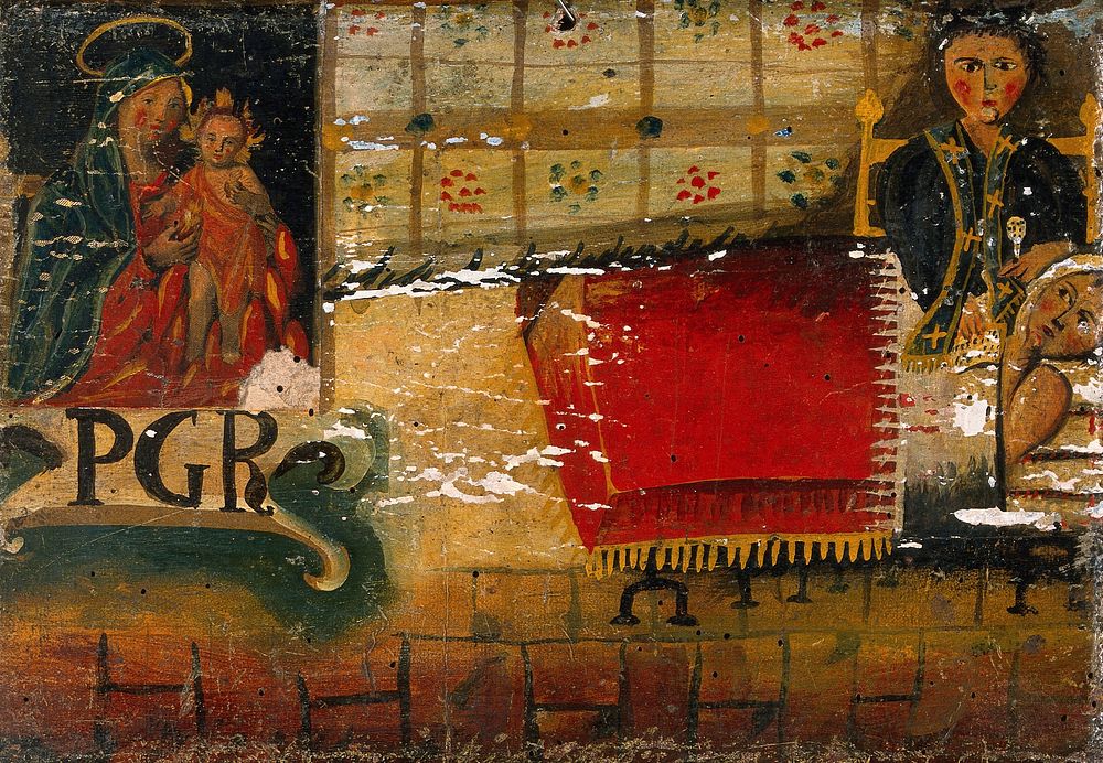 A person ill in bed, attended by a deacon , praying to the Madonna del Parto. Oil painting.