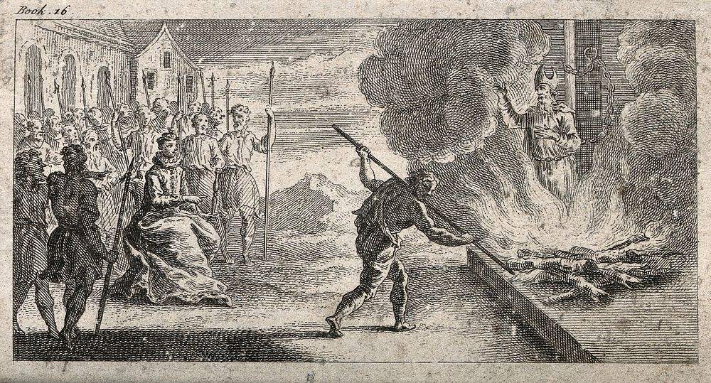 A lady ordering the burning of a bishop. Etching.