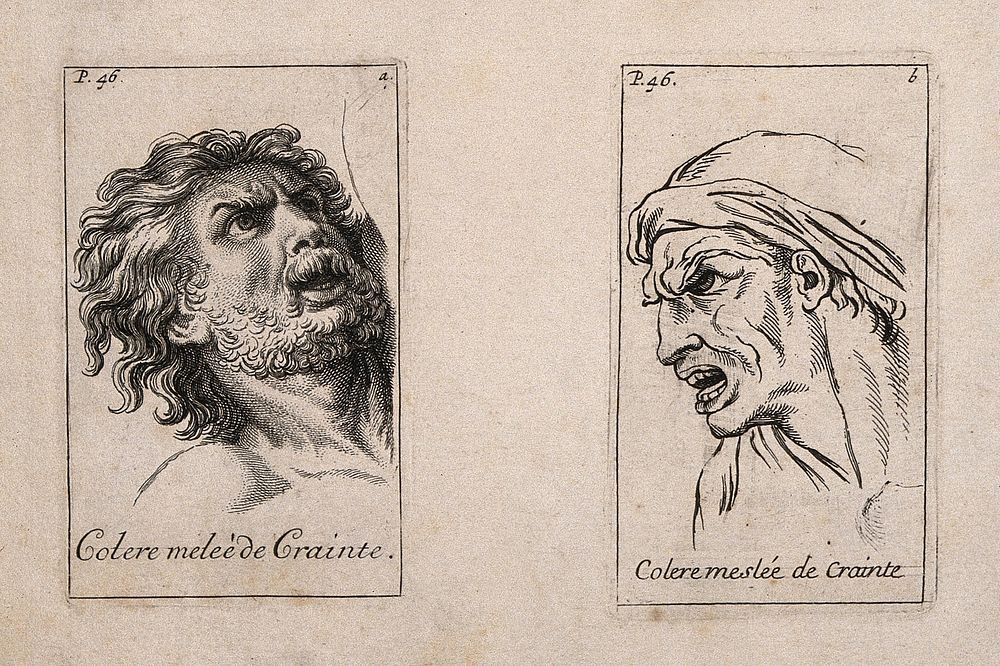 Two male faces expressing anger mingled with fear. Etching by B. Picart, 1713, after C. Le Brun.