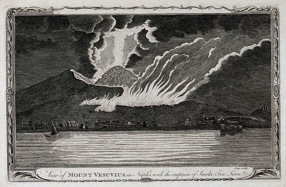 Mount Vesuvius by night, erupting with smoke, fire, and lava, with houses on the Bay of Naples. Etching with engraving by…