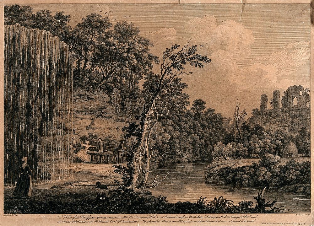 The Dropping Well, Knaresborough, Yorkshire: the waters, three visitors attended by two servants in the foreground, and the…