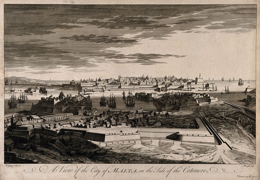 Malta: view towards Valletta from the Cotonera fortifications. Etching by A. Benoist after J. Goupy, c. 1725.