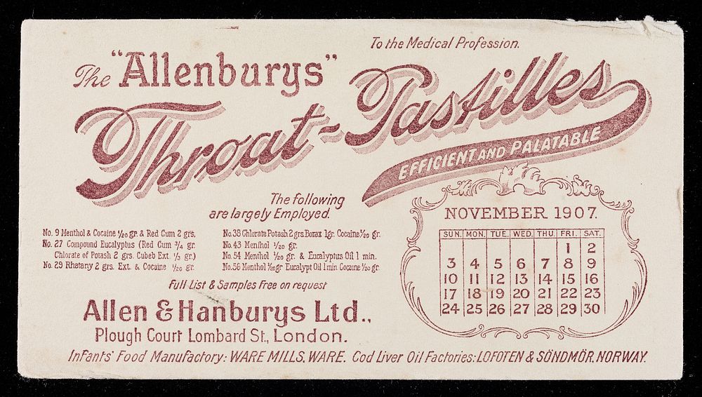 The "Allenburys" throat-pastilles : efficient and palatable : November 1907.