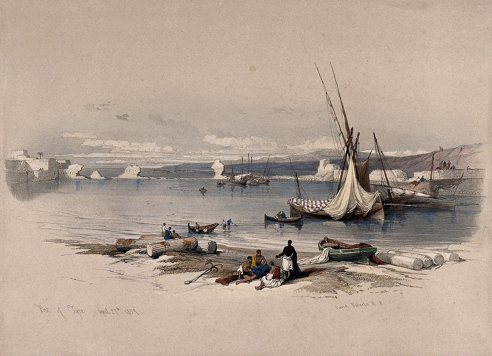 The port at Sur, ancient Tyre. Coloured lithograph by Louis Haghe after David Roberts, 1843.