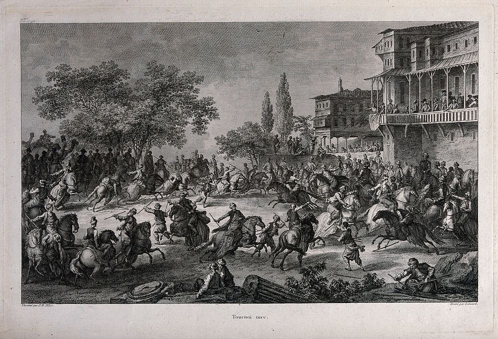 Turkish men riding on horseback in a tournament watched by people on a balcony. Engraving by J.B. Liénard after J.B. Hilaire.