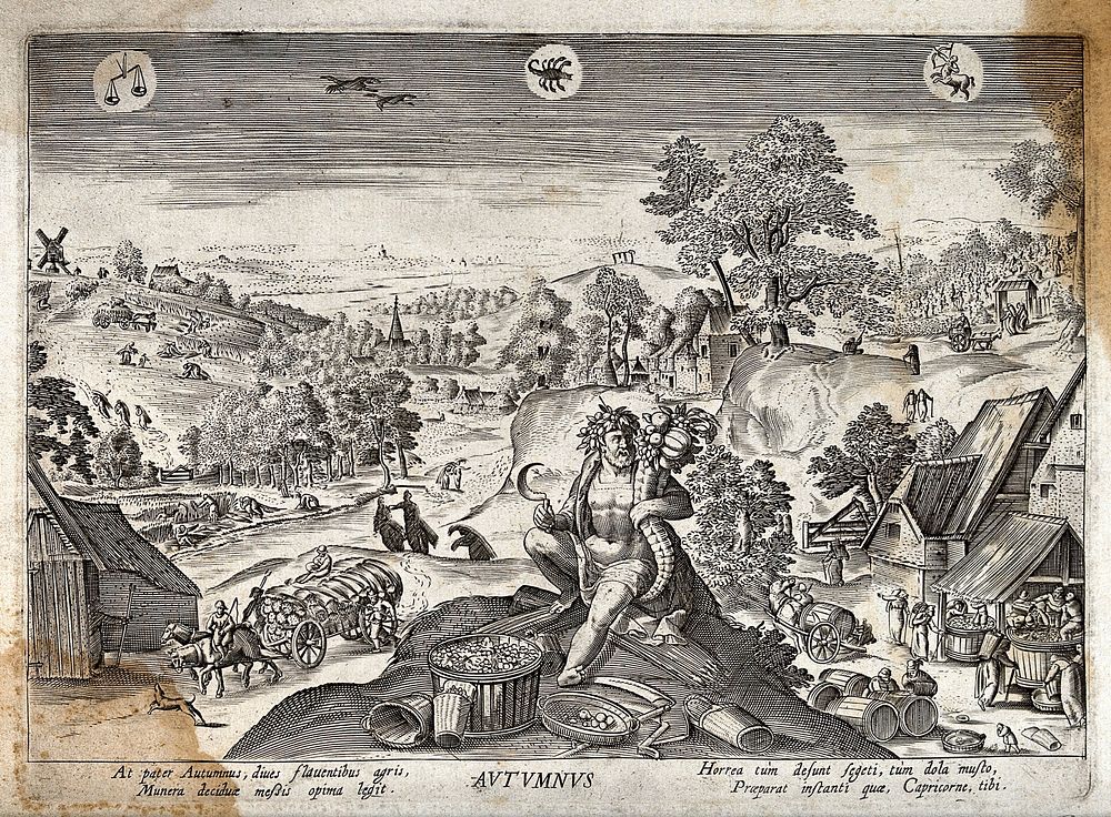 Meteorology: the seasons, autumn. Engraving by A. Collaert after H. Bol, 1585.
