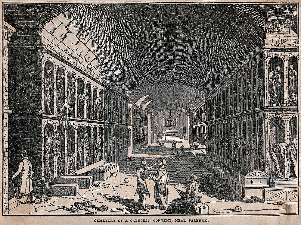 Gentlemen visiting and drawing the vaults in the Capuchin tombs of Palermo. Wood engraving.