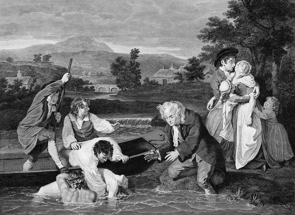 A man being brought in by boat apparently drowned, his wife and family grieve on the shore. Engraving by R. Pollard, 1787…