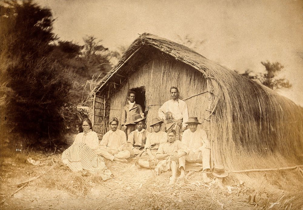 New Zealand: a group of Maori sitting in front of a traditional house. Albumen print.