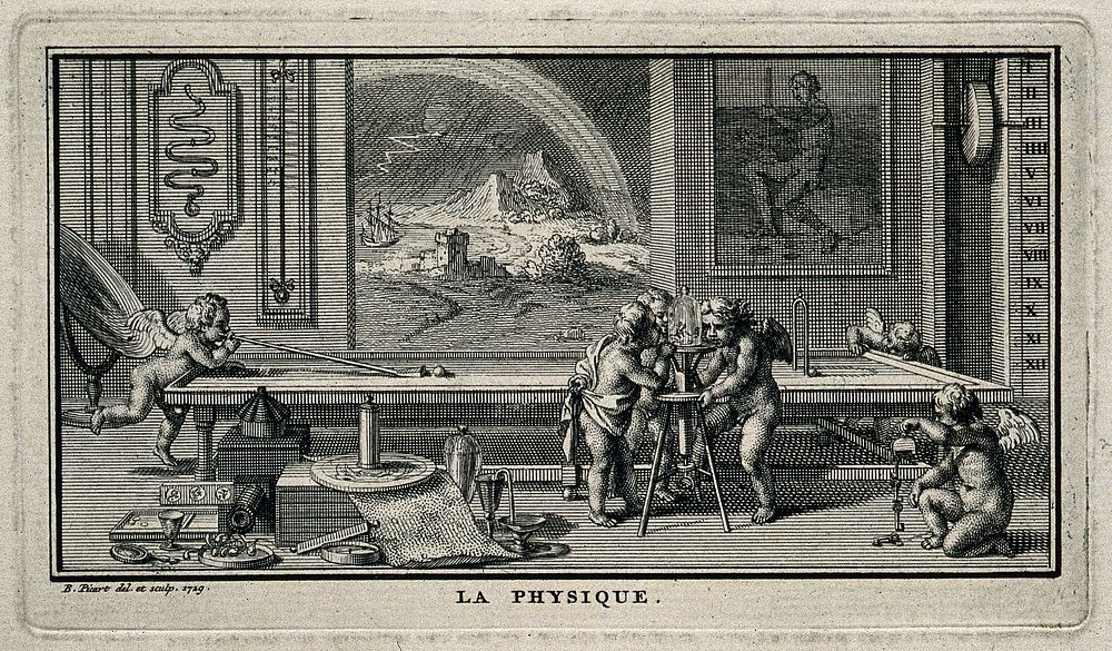 Putti deprive a bird of air in a vacuum experiment, one plays at billiards, another plays with magnetised keys, while…