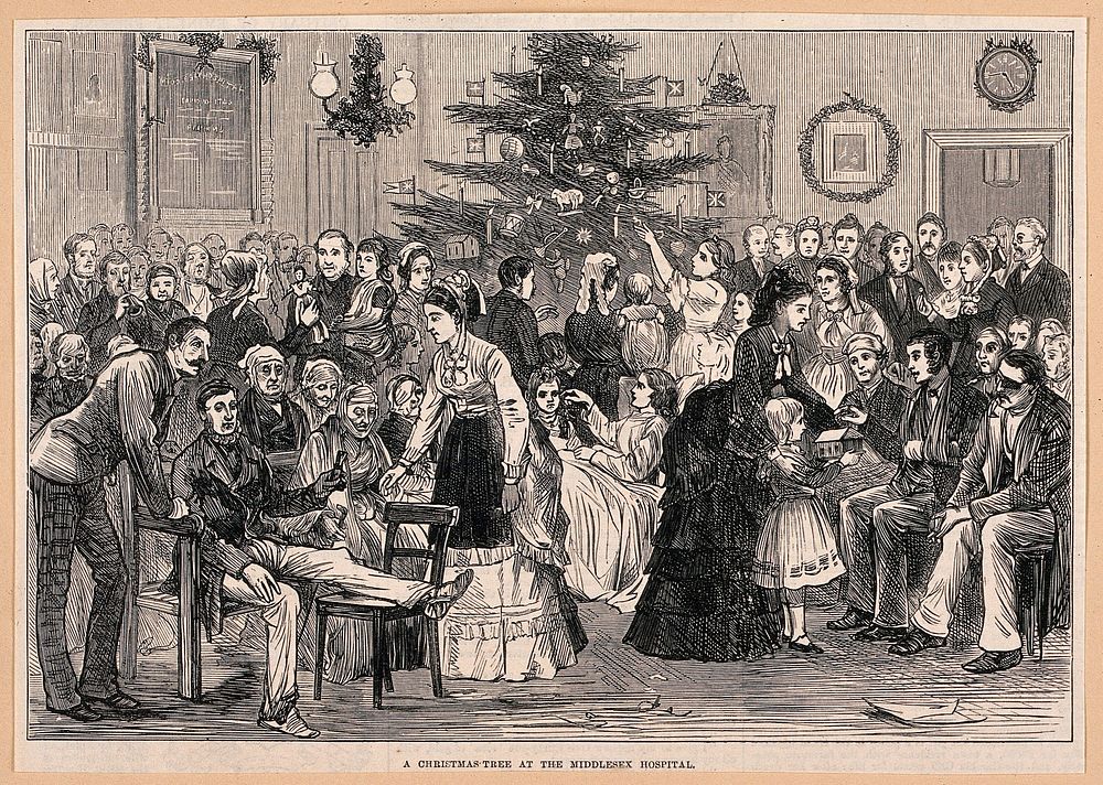 The Middlesex Hospital: a party in a ward, with a Christmas tree and other decorations. Wood engraving, 1874.