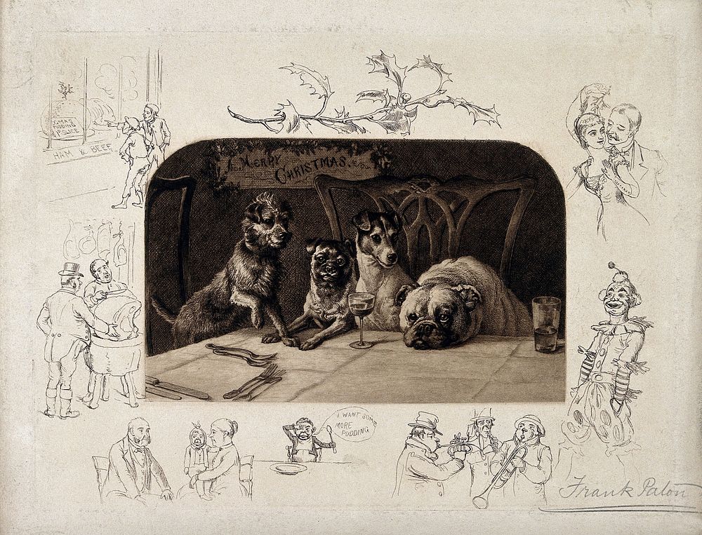 Four dogs at table waiting for Christmas dinner to be served, surrounded by eight vignettes of Christmas. Etching by F.…
