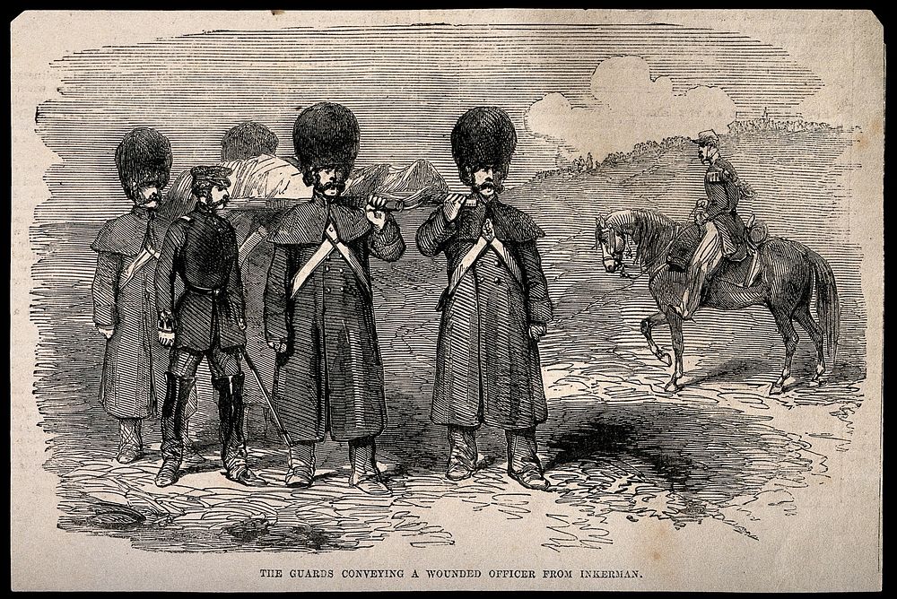 Crimean War: ambulance men carrying a wounded officer from Inkermann. Wood engraving.