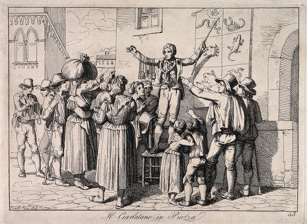 An itinerant salesman selling amulets against the bites of snakes and other animals to a crowd of people who purchase them…