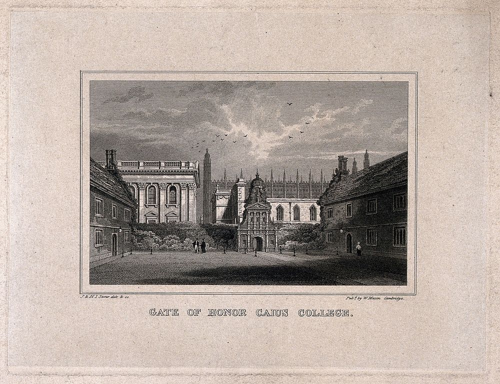 Gonville and Caius College, Cambridge: Caius Court towards the Gate of Honour. Line engraving by J. & H.S. Storer.
