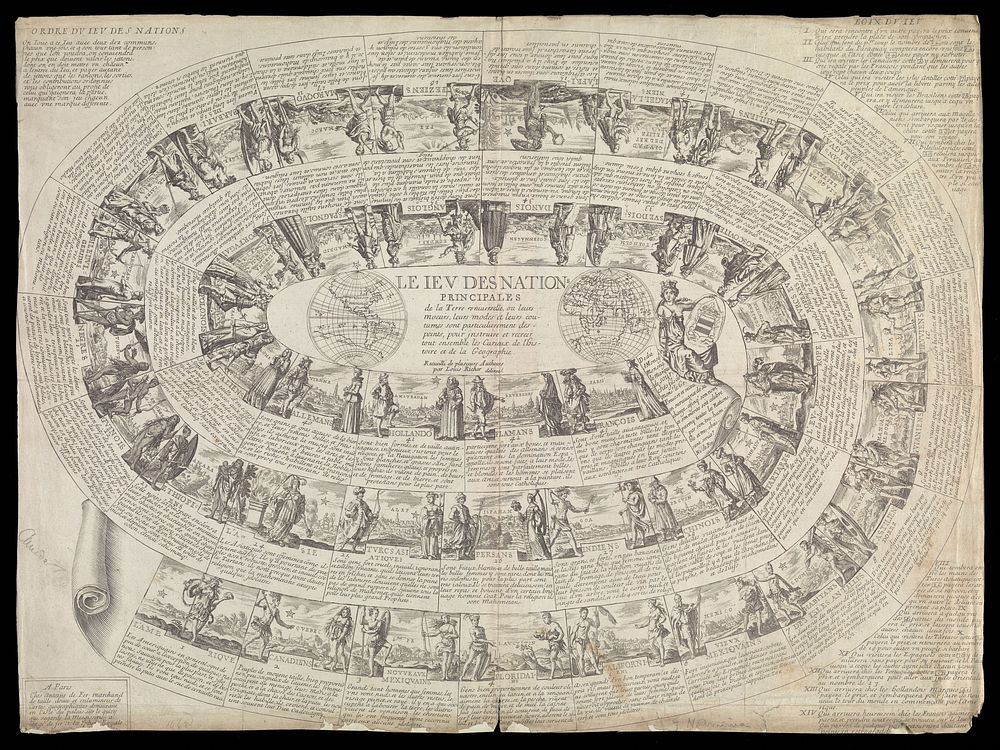 The game of goose applied to the countries of the world. Engraving by Antoine de Fer after Louis Richer.