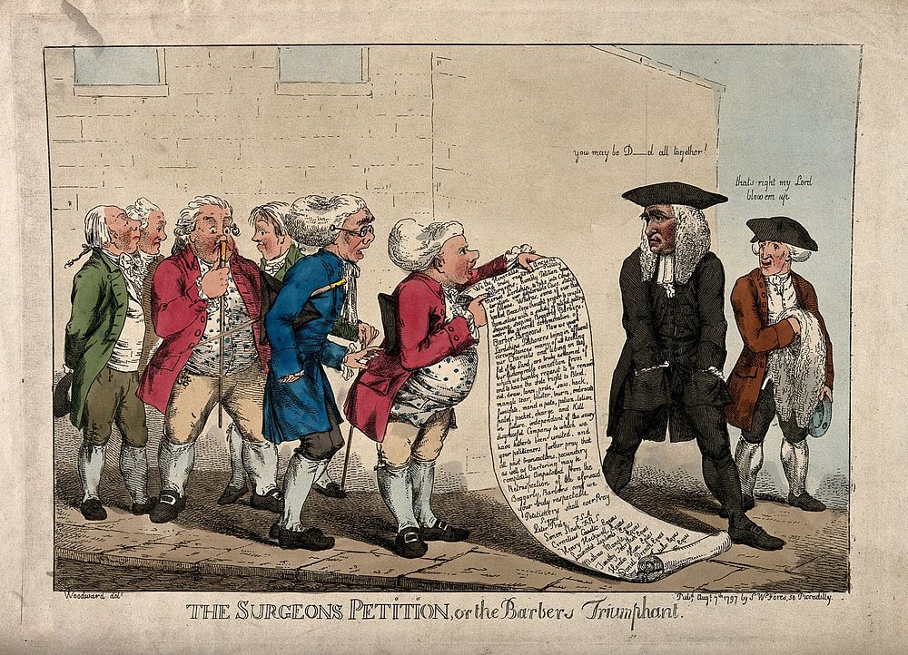 A deputation of dissolute surgeons to the Lord Chancellor. Coloured etching by G.M. Woodward, 1797.