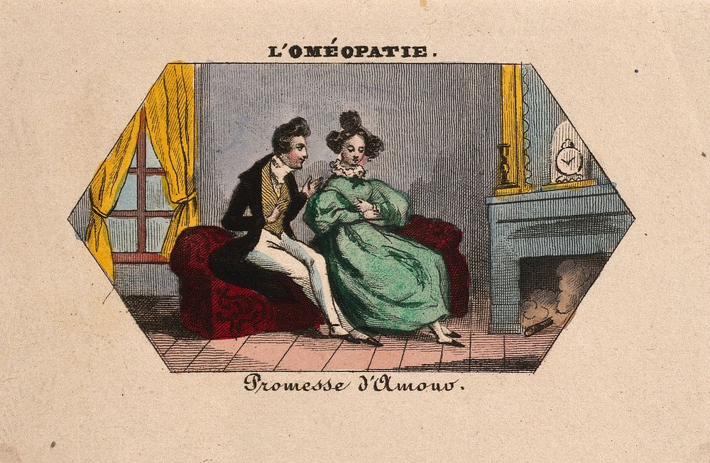A young doctor vows his love to a thoughtful young woman. Coloured photolithograph.