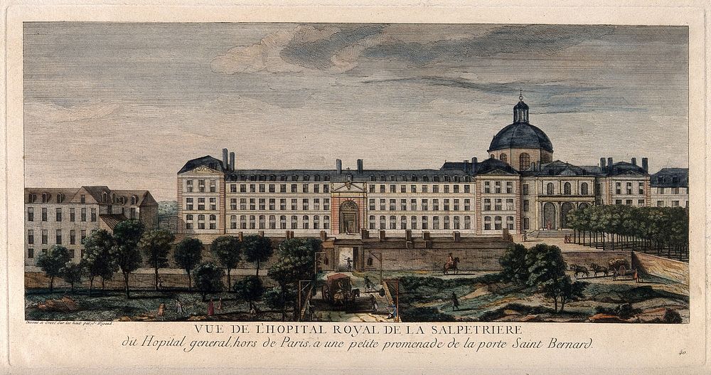 Hôpital de la Salpêtrière, Paris: showing St. Bernard's doorway and grounds. Coloured line engraving by J. Rigaud after…