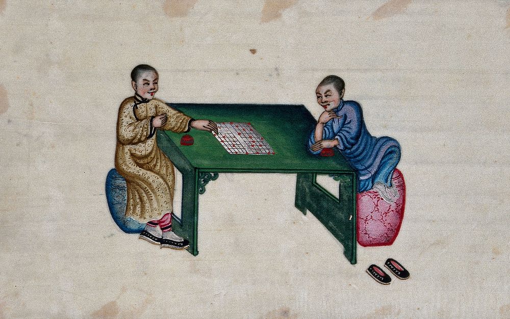 Two Chinese women play a board game. Painting by a Chinese artist, ca. 1850.