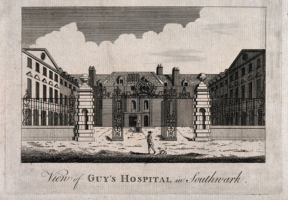 Guy's Hospital: the entrance courtyard, with a patient being carried in on a stretcher. Engraving.