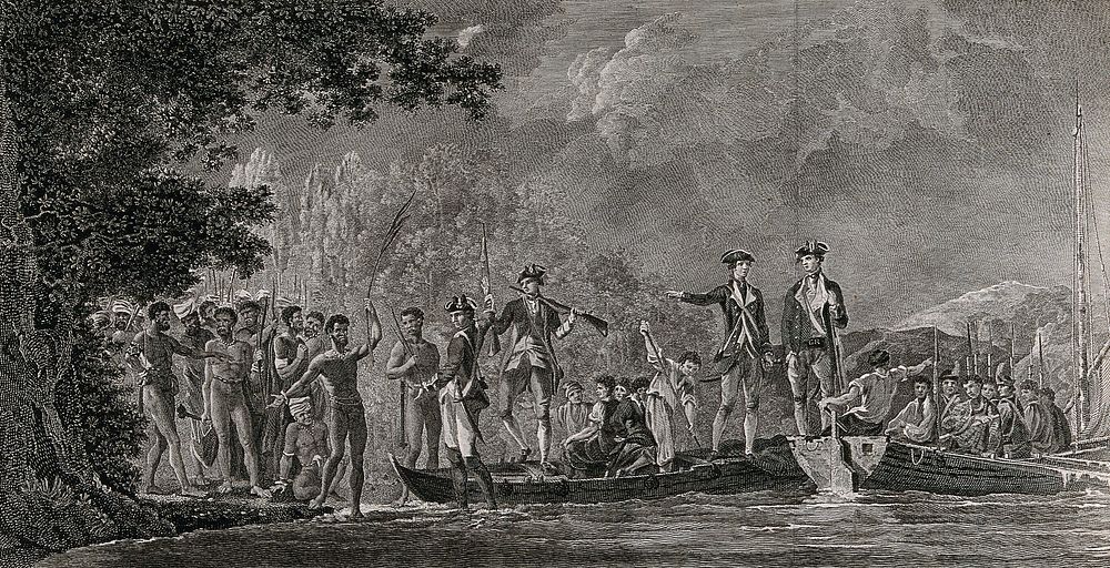 Captain Cook landing on the island of Malakula facing a crowd of local inhabitants. Engraving by J. Basire, 1777, after W.…