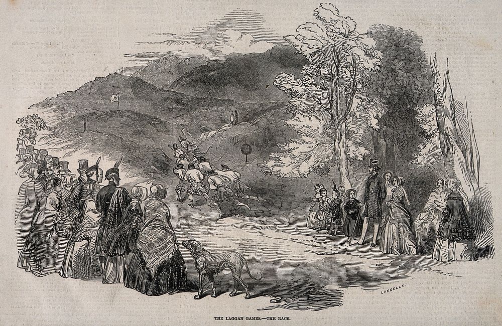 The Laggan Games, Inverness, Scotland: the race. Wood engraving by E. Landells.